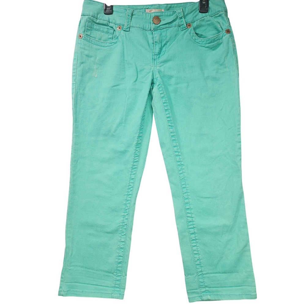 Seven7 Women Teal Green Cropped Straight Leg Jeans Size 8 Mid Rise Pockets